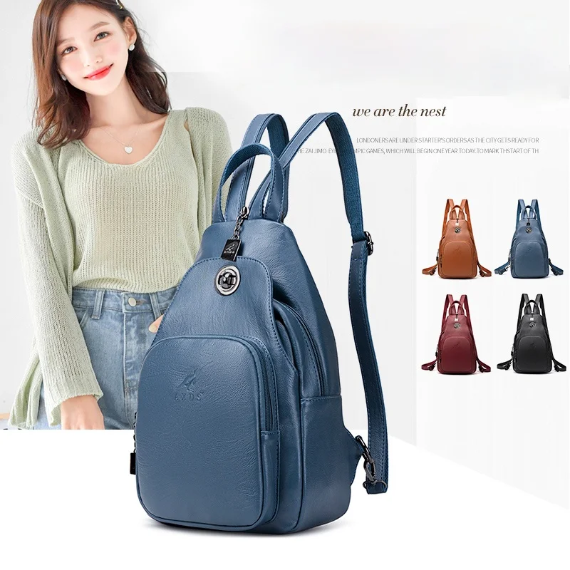 

Leather Women's Bag New Cowhide Multi Function Fashionable Travel Backpack Soft Leather Lock Guard Chest Bag Messenger Bag