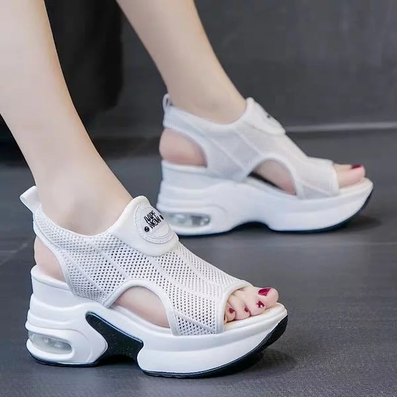 

Women's Height Increasing Sports Insole Sandals Summer New Roman Style Wedge Fish Mouth Fly Woven Mesh Breathable Sandals