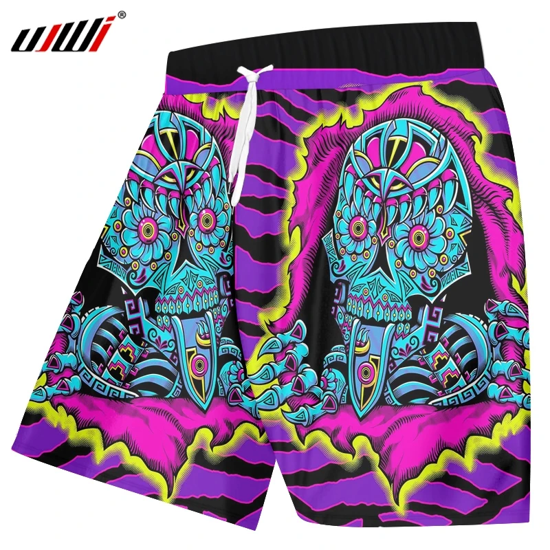 

UJWI Unisex Beachshorts Purple Print Skull 3D Board Bebermuda Shorts For Women/men High Waist Elastic Boxers Trousers Plus Size
