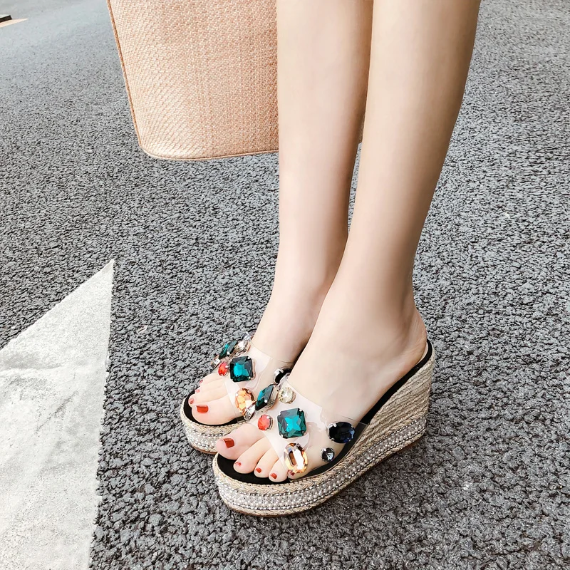 Koovan Women's Slippers Summer Wear Platform 2020 New Trend Crystal Ultra-High Heels Beach Sponge Cake Slanted Heel Shoes