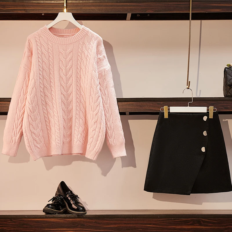 

New Winter 2021 Women Pullover Loose Long Sleeve Sweater A Line Black Skirts Lady Outfit Knitwear Warm Fashion Set Clothing