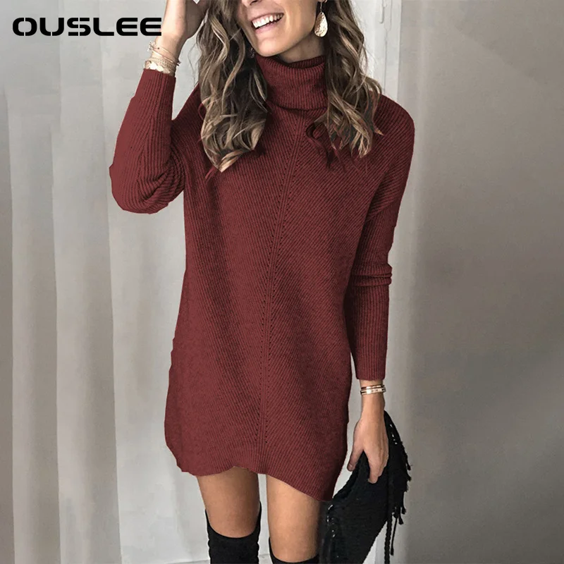 

OUSLEE Turtleneck Sweater Dress Women Solid Color Long Sleeve Sweater Dresses Skinny High Neck Slim Sexy Pullover Dress WS13321
