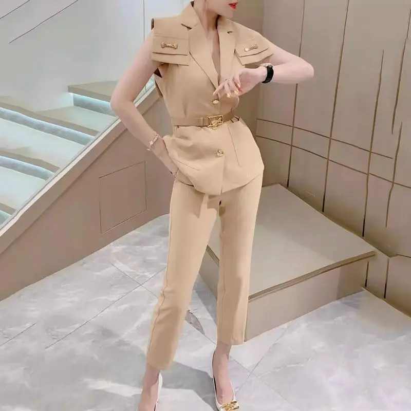 

Women 2021 Summer Pant Suits Female Temperament Sleeveless Vest Fashion Office Lady Slim Vest Nine Pants Suit Work Wear Sets B46