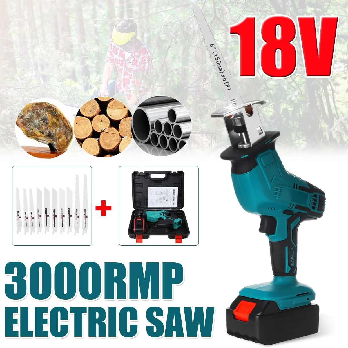 

Drillpro 18V Cordless Reciprocating Saw Metal Cutting Wood Tool Portable Woodworking Cutters with 1 Battery+ 4 Saw Blades