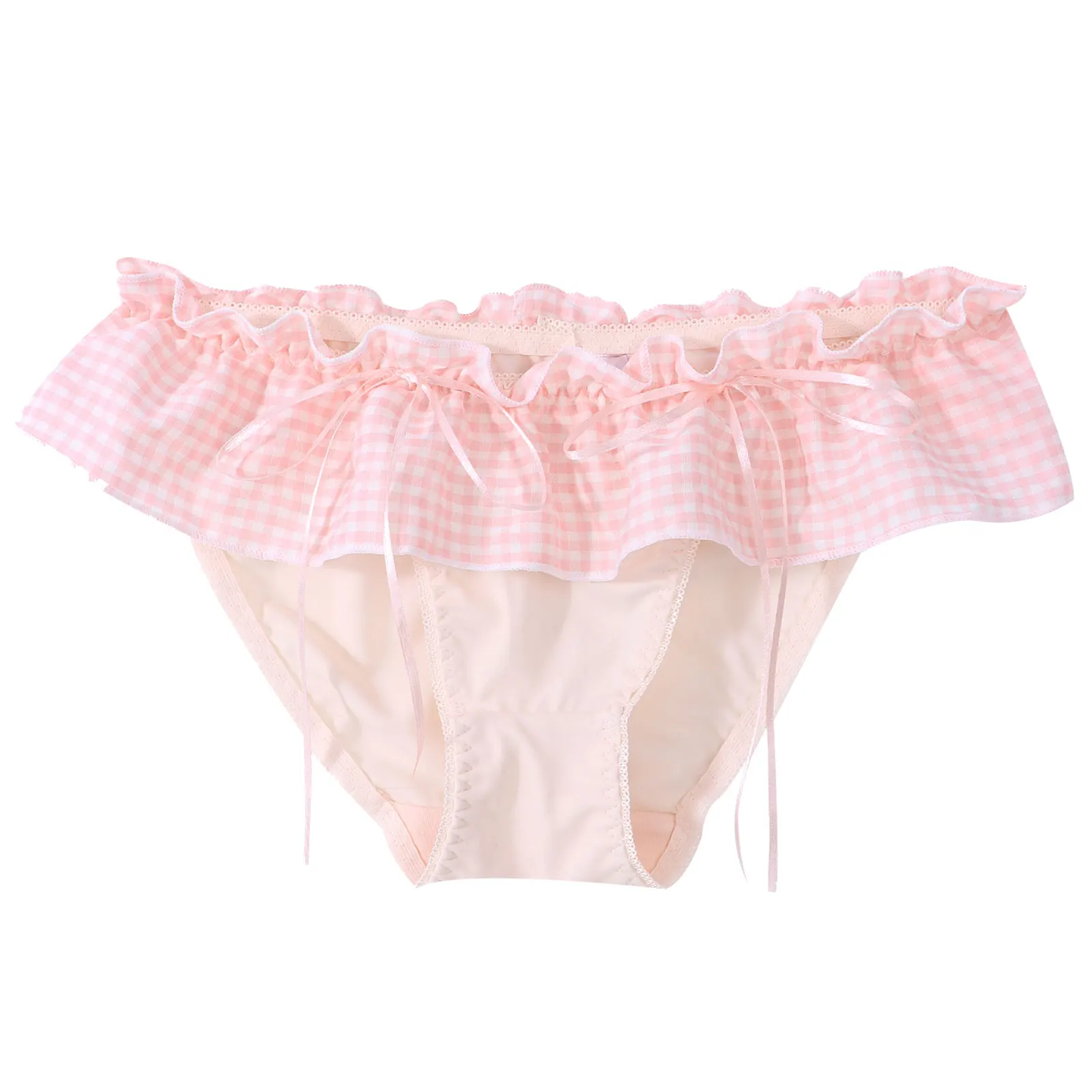 

Mens Ruffle Lace Bowknot Adorned Panties Low Waist Plaid Print Elastic Waistband Underwear Japanese Cartoon Style Sissy Briefs
