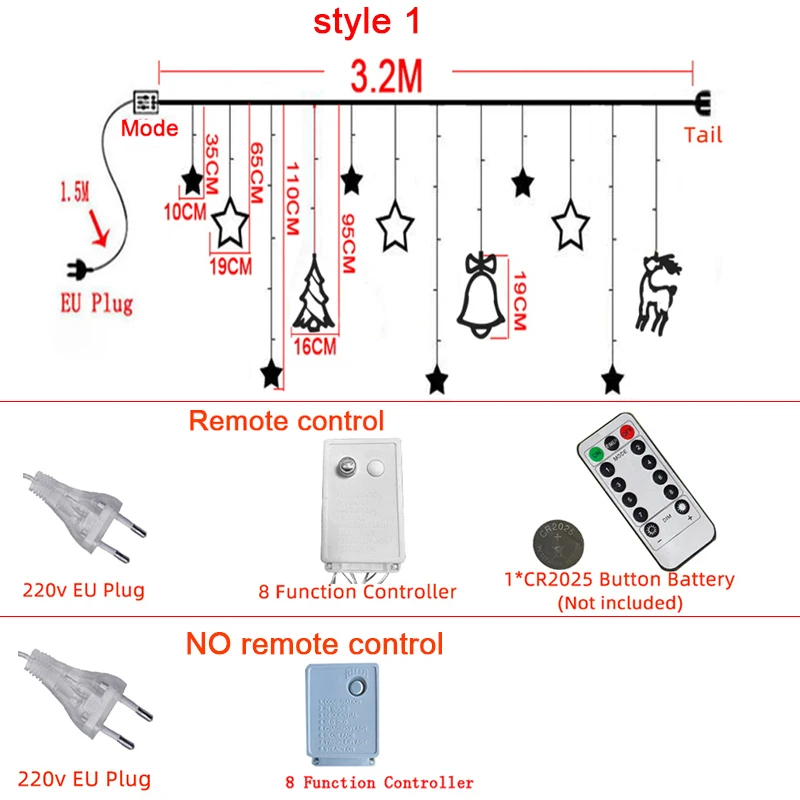 220V EU Plug Moon Star LED Curtain Lights Christmas Fairy Garlands Outdoor LED Twinkle String Lights Holiday Festival Decoration