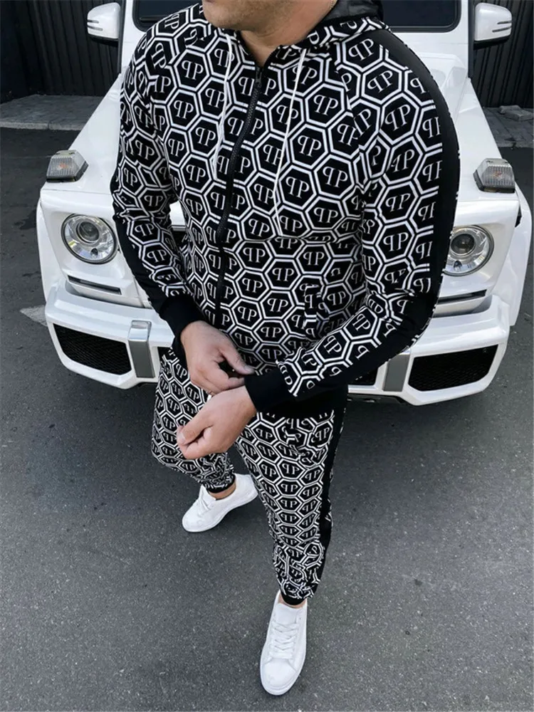 

Tracksuits Men Sport Suits European American Trends 3D Print Fitness Zipper Hoodie Sweatpants Slim Casual Fashion Men's Sets