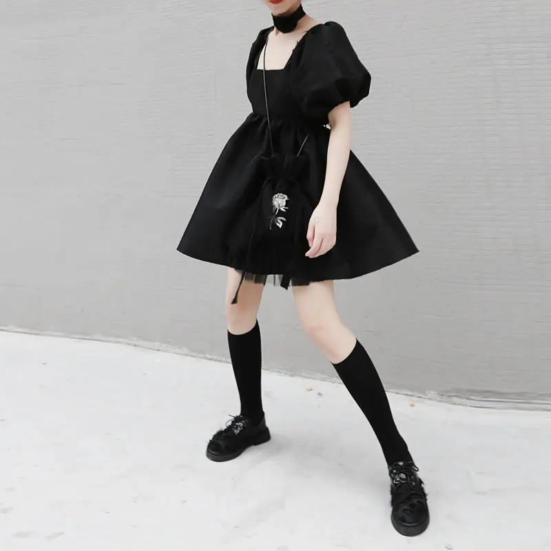 Женское платье с высокой талией XITAO DMY4440 черное повседневное ажурное квадратным