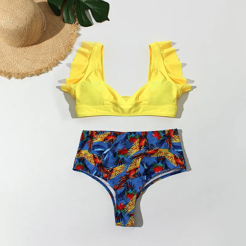 

Hoge Taille Bikini Set 2019 Nieuwe Vrouwen Badmode Ruches Push Up Padded Badpak Biquini Vrouwen Print Badpak Zomer Beachwear