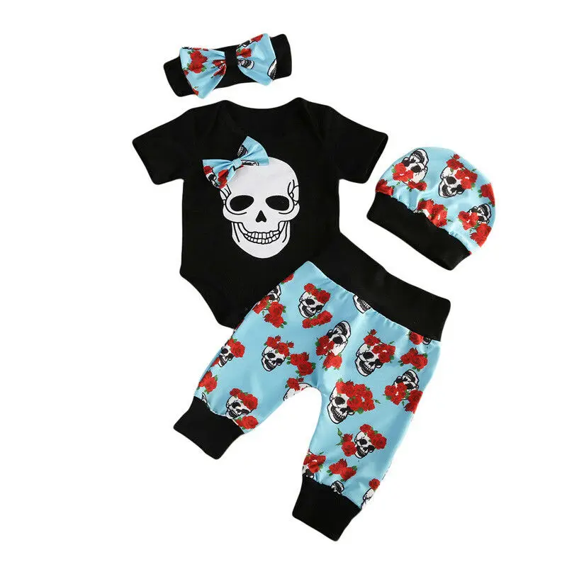 

Baby Boy Girl Skull Printed Clothing Set Romper Bodysuit Pants Hat Headband 0-24M Newborn Infant Toddler Outfit Set 2021 New
