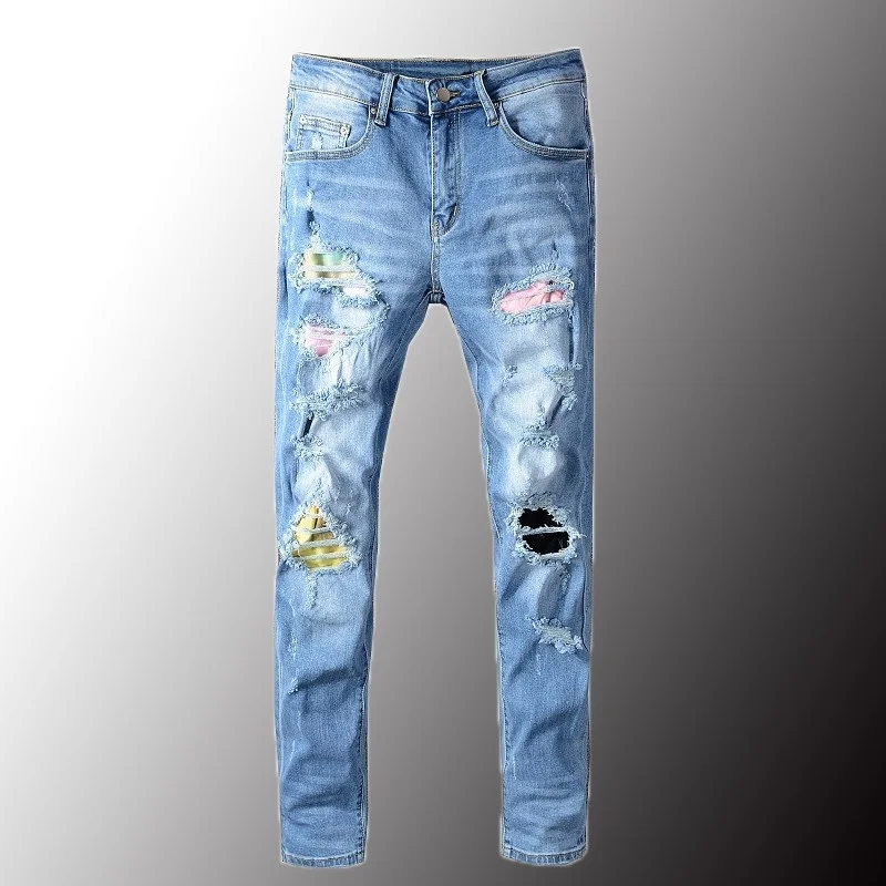 

Джинсы мужские Стрейчевые в стиле пэчворк, модные рваные узкие джинсовые брюки скинни, модная уличная одежда, большие размеры 40