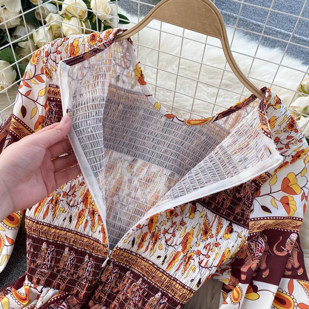 

Western Style Spring Summer 2021 Women's Dress Fashion Temperament Loose Casual Draw Back Printing Round Neck Long Sleeve