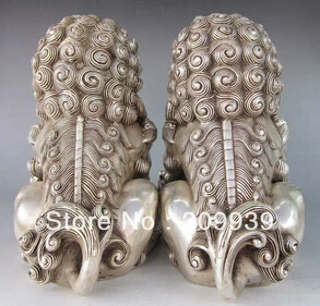 Бесплатная доставка китайская Серебряная бронза Fu Foo Dog Guardian статуя льва пара |
