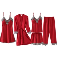 5pc silk robe womens lace satin pajamas with chest pad sleep set sexy halter gown home service set spring autumn nightwear