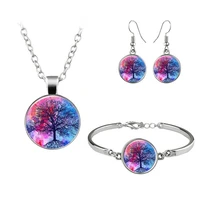classic tree of life art photo jewelry set cabochon glass pendant necklace earring bracelet totally 4 pcs for girl fashion gifts