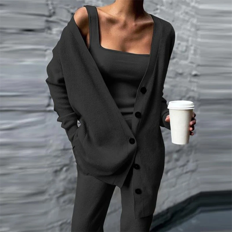 

Autumn Winter Casual Knitted Three Piece Set Women Tank Tops & Wide Leg Long Pants & Long Cardigan Coat Suit Loose Solid Outfit