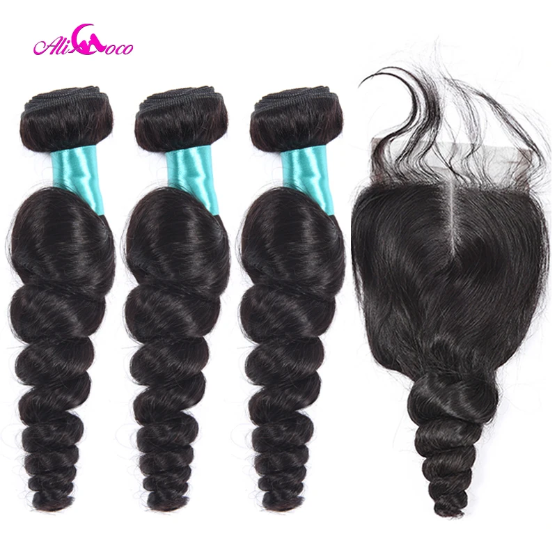 Ali Coco малазийские свободные волнистые 3 пучка с закрытием 100% натуральные кудрявые