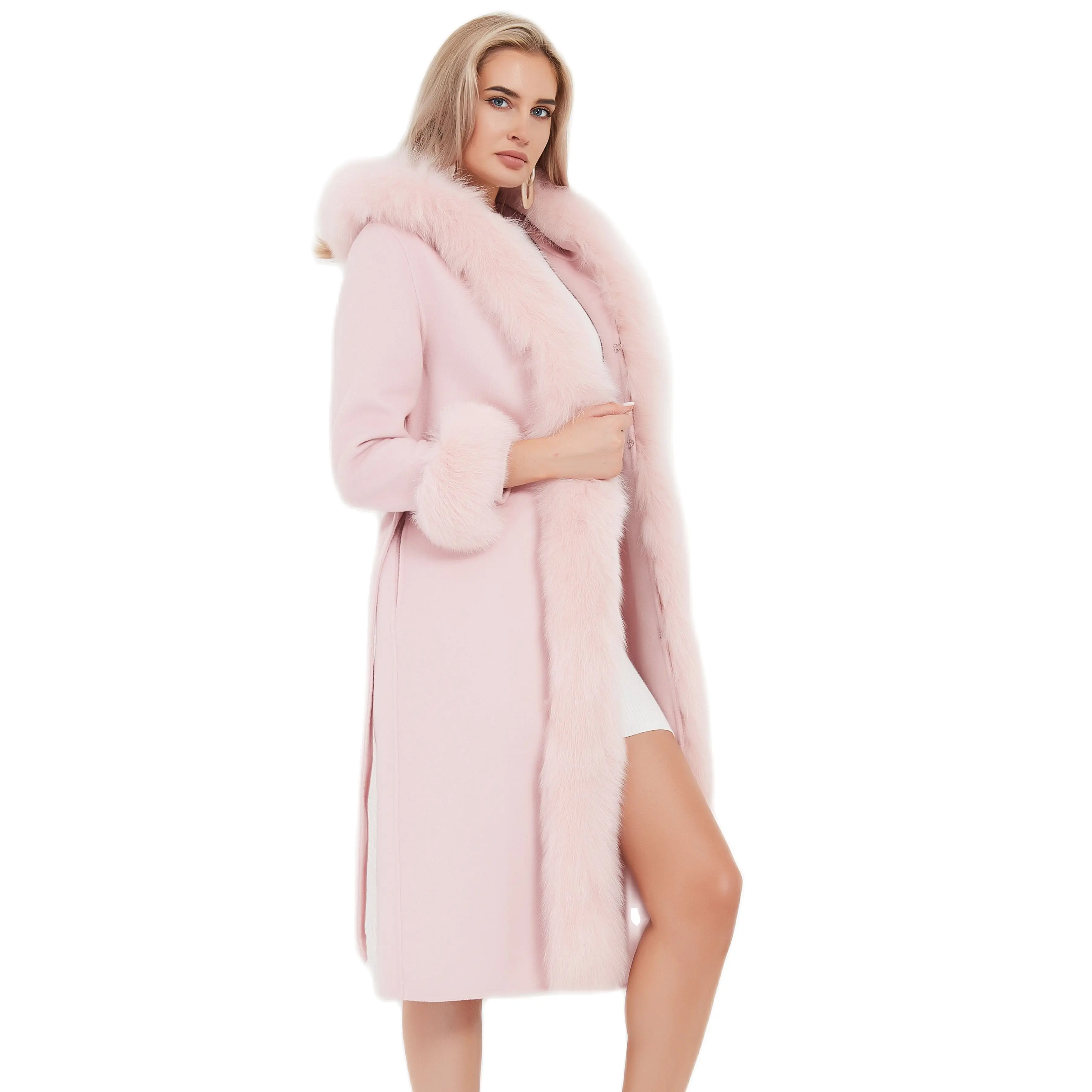 

Pudi Women Real Fur Coat Jacket Female Lady Wool Blends Fox Fur Hooded Coats Jackets Long Trench CT117