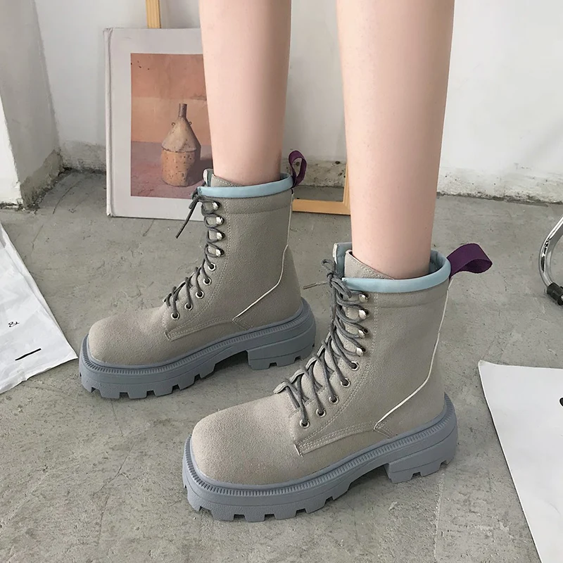 Lucyever Women Vintage Square Toe Platform Ankle Boots Thick Sole Autumn Winter Shoes Woman Gray PU Leather Military Botas Mujer | Обувь