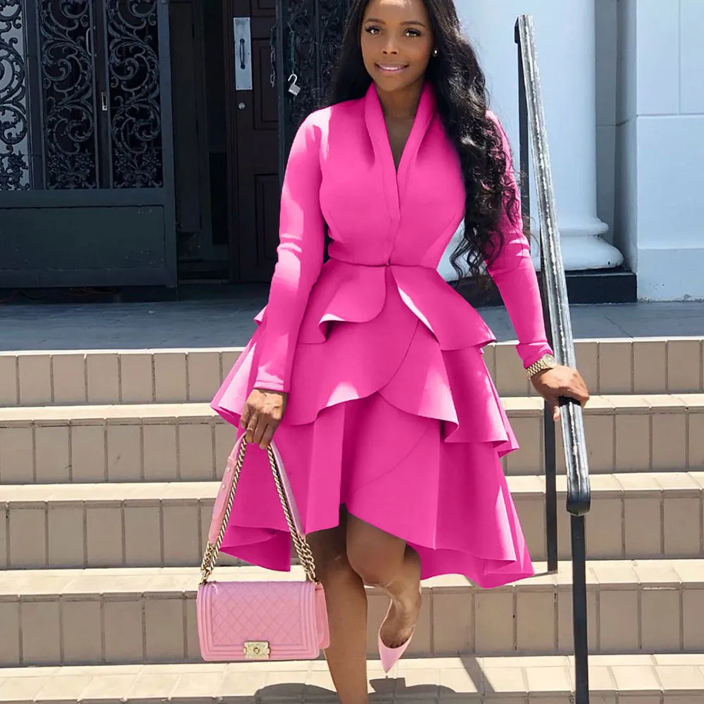 Платье-миди женское ТРАПЕЦИЕВИДНОЕ с V-образным вырезом и оборками | Женская