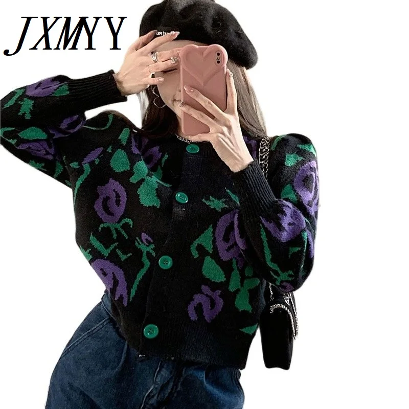 

JXMYY 2022 модный темпераментный Ретро цветочный узор цветной блок буффами Рукава Вязаный Кардиган ленивый однобортный свитер