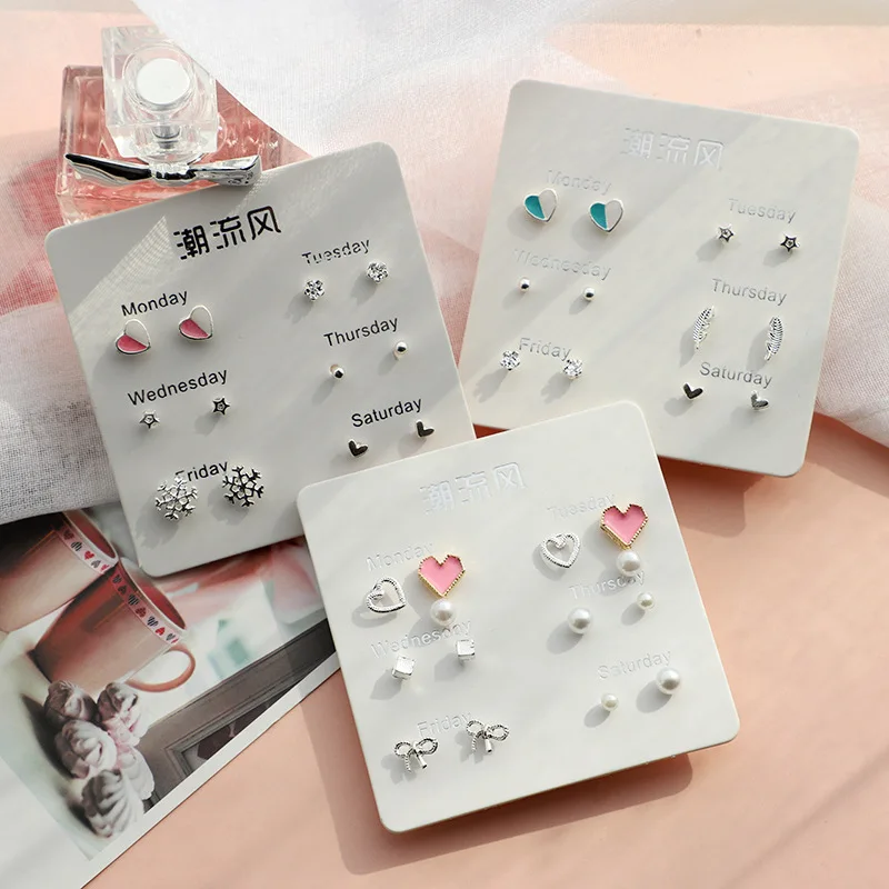 6 Pairs/set, New Earrings for Women Stars Heart Crytal Cute Earrings Fashion Jewelry Monday To Saturday 6 Pairs Earrings