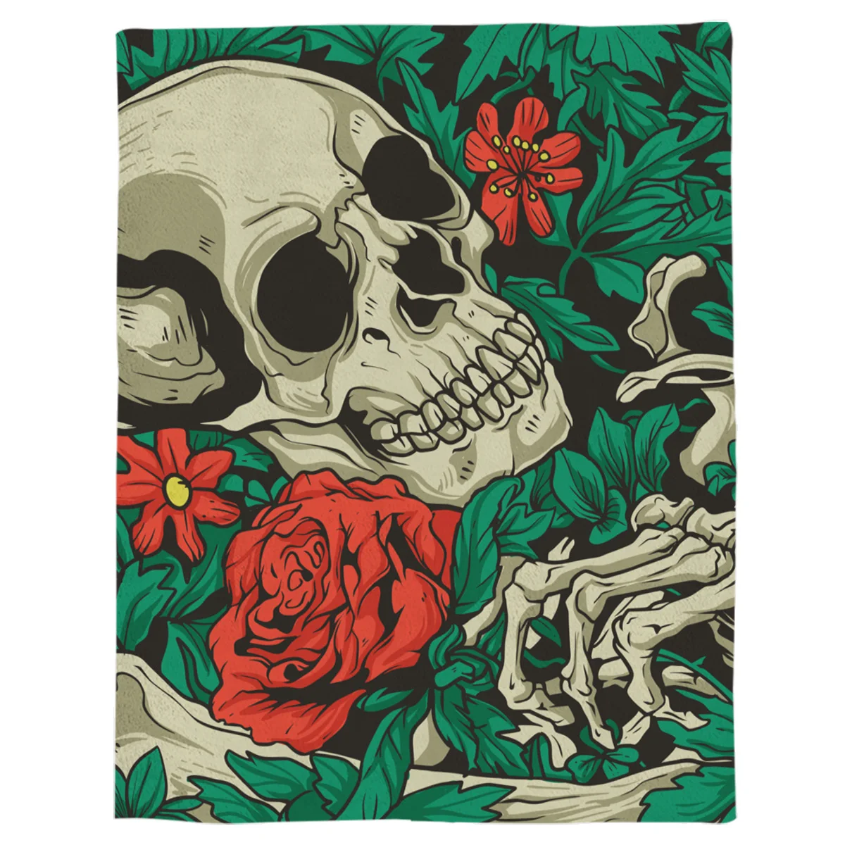 Зеленый лист роза цветок череп одеяло портативное фланелевое