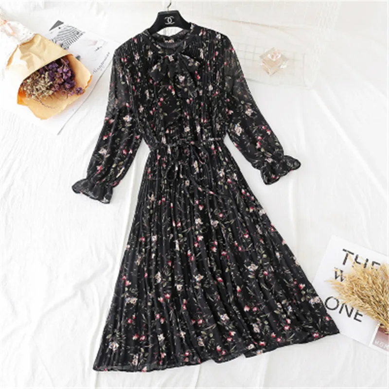 

2021 New Spring Stand Collar Floral Print Women Dress Lace Up Female Pleated Dress Summer Party Midi Chiffon Vestidos femme 87