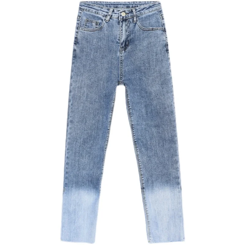 

2021 New Women's Jeans Gradient Color Ankle-length High Waist Denim Trousers Black Straight Pants Buttons Decorate Jean 7752