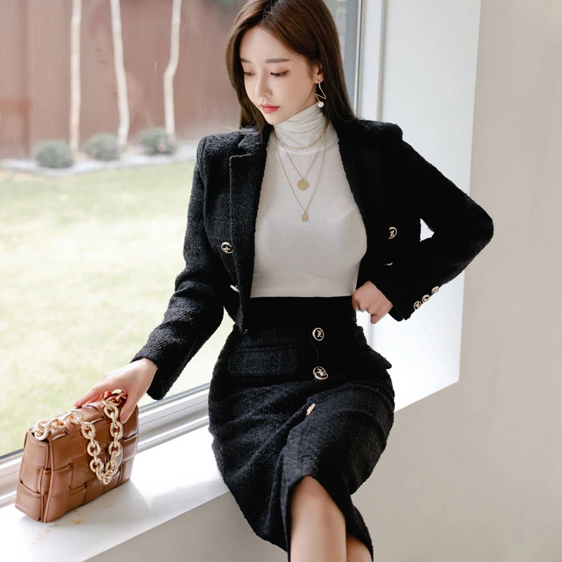 

new arrival fashion winter two piece set women OL temperament profession short coat jacket and high waist skirt black slim sets