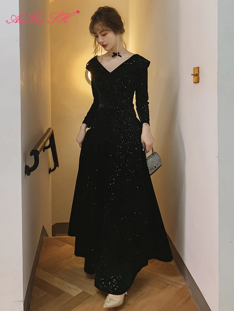 

AnXin SH Party dream black sparkly sequins v neck long sleeve evening dress vintage luxury long evening dress little black dress