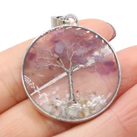 natural gem stone round amethyst tree of life pendant handmade crafts diy necklace jewelry accessories gift making size 33x33mm
