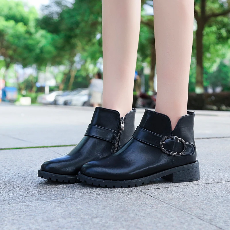 

New Solid Black Leather Boots Zipper Ankle Boots for Women Shoes Woman Metal Buckle Rivet Platform Square Low Heels Women Boots
