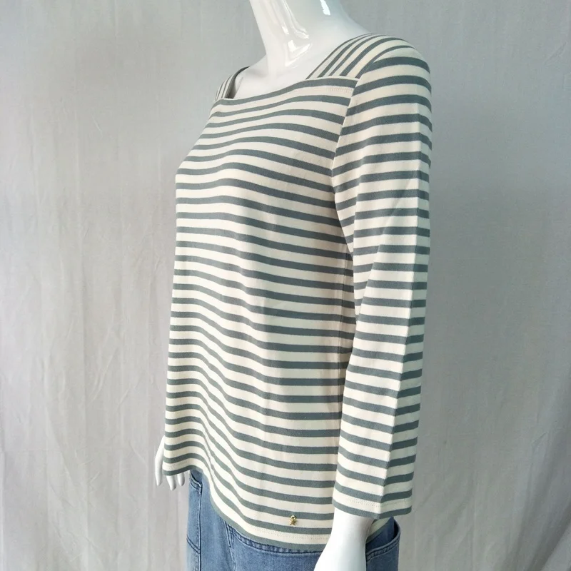 Женская футболка 2020 Весенняя новая серо-синяя полосатая с квадратным вырезом и