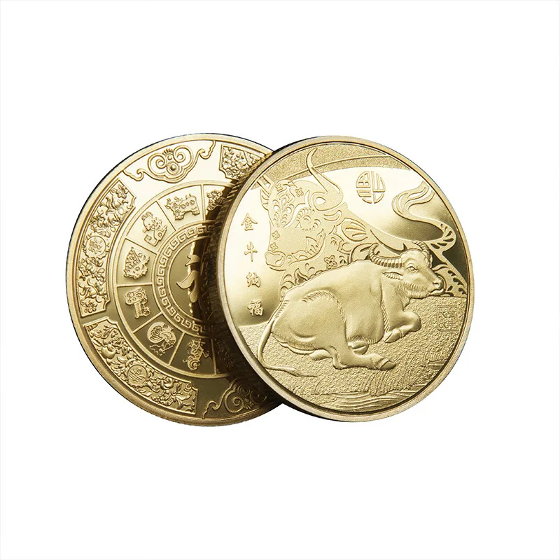 

Taurus Offering Blessing 2021 Year of The Ox Commemorative Medal Traditional Chinese Zodiac Gold and Silver Plated Coin Souvenir