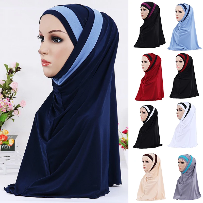 

Muslim Scarf for Women Solid Color Stripe Shawl Stitching Turban Hat Ladies Baotou Arab Wraps Headscarf Hijabs Islamic Scarves