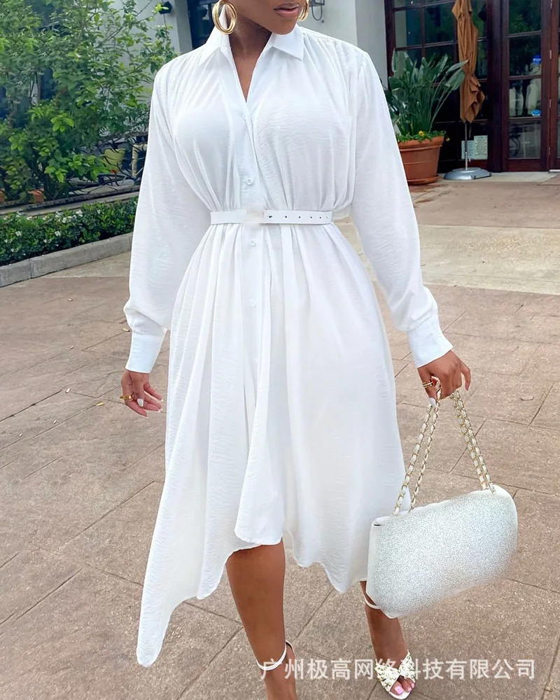 

Женское белое Повседневное платье-рубашка с длинным рукавом и асимметричным подолом, Новинка осени 2021, элегантные модные платья с отложным ...