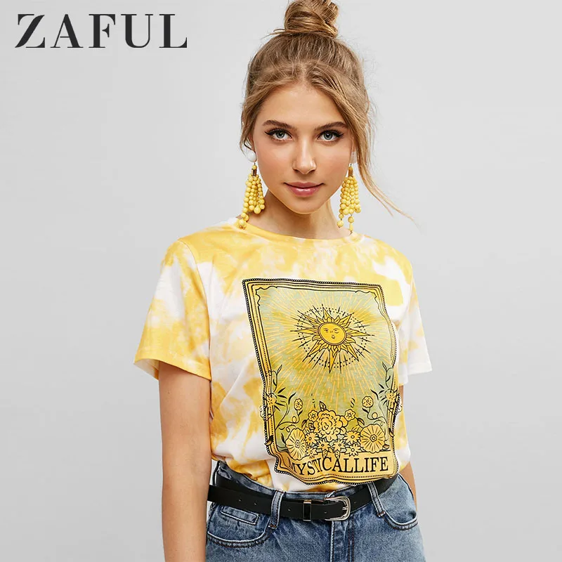 ZAFUL «вареный» с цветочным принтом Графический Футболка с рисунком топы для девочек Винтаж короткий рукав рубашка из хлопка с изображением букв Для женщин футболки женская одежда