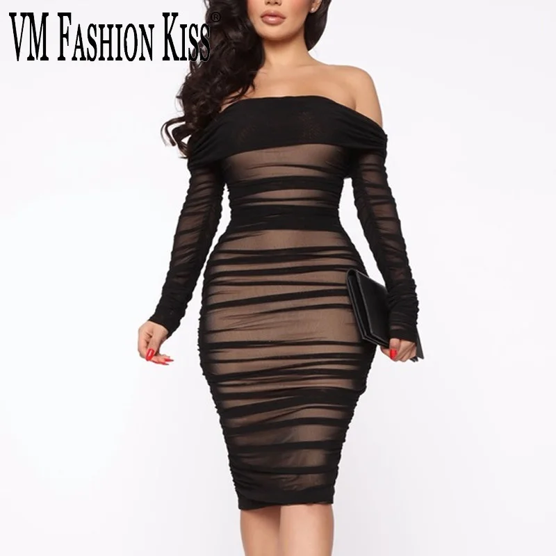 

2021 Spring Summer Women's Mesh Yarn Neck Long Sleeve Pleated Dress Tube Top Sexy Strapless Vestido De Mujer Black Skirt