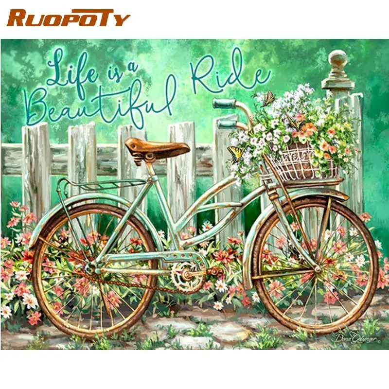 

RUOPOTY 60×75cm Frame Bicycle Flower Diy Painting By Numbers Canvas Drawing Handpainted Gift Wall Decor Kits