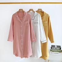 summer ladies cotton nightgowns long sleeved simple plus size sleepwear double layered gauze sleeping dress striped sleep tops