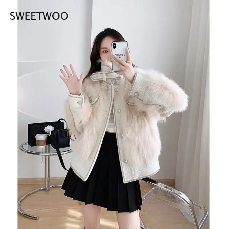 Light luxury lady blouse autumn and winter imitation fur2022 new young heavy industry small fragrance splicing woolen coat women