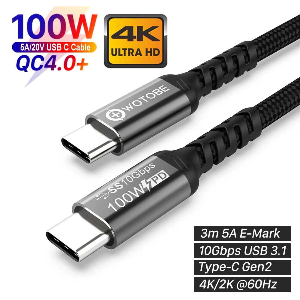 USB кабель C 5 А 100 Вт 3 1 10 Гбит/с 4K 60 Гц|Кабели для мобильных телефонов| |