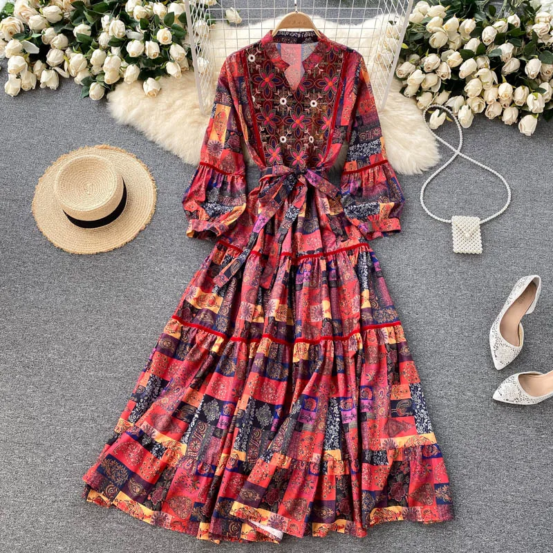 

Bohemian dress summer new national wind net yarn embroidery stitching printing long holiday skirt restoring ancient ways