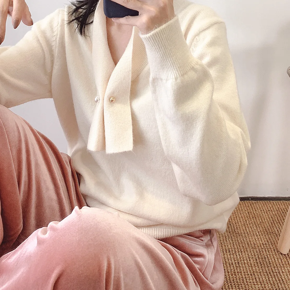 Женский свитер пуловер из кроличьей шерсти с длинным рукавом вязаный