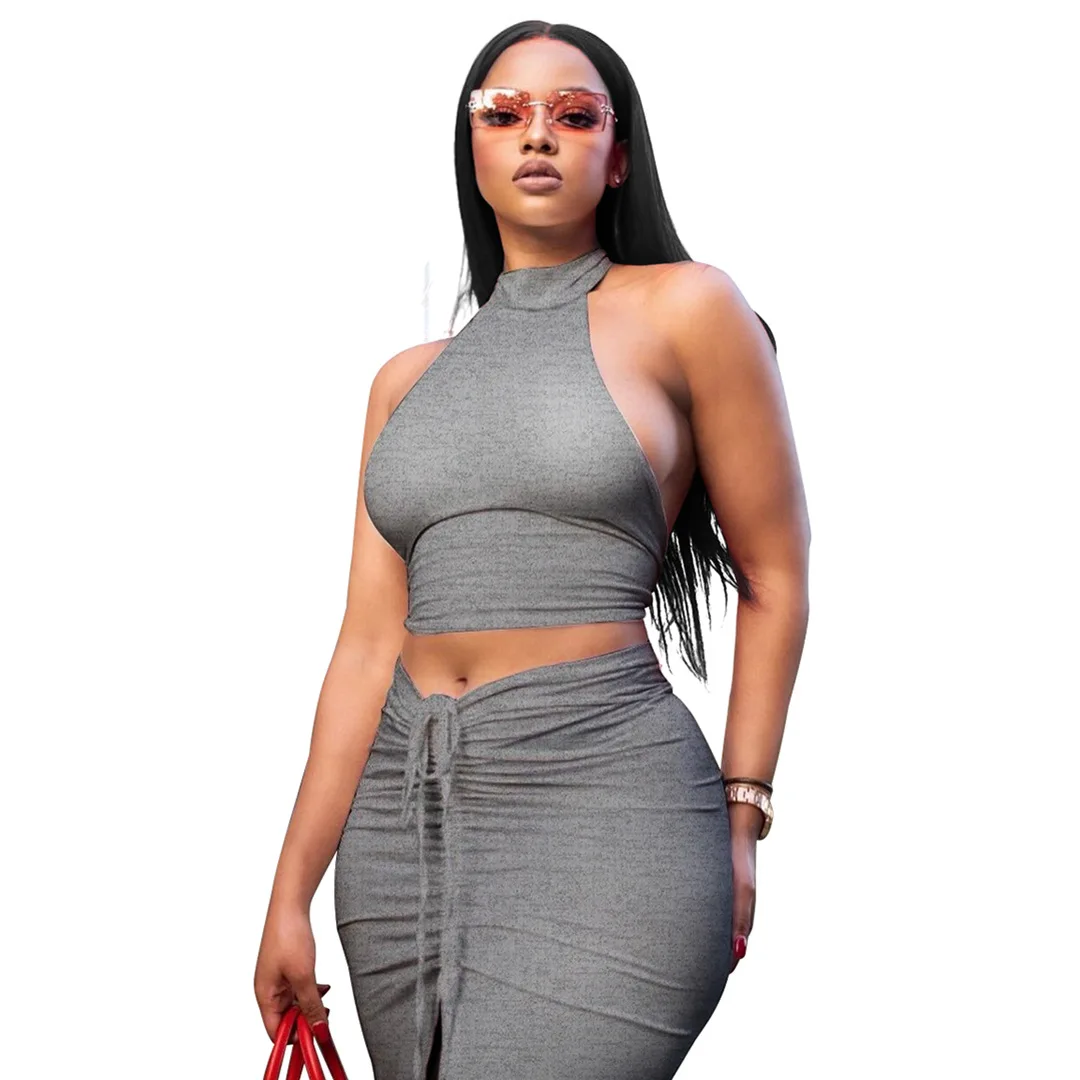 

2021 Summer New Women's Solid Round Neck Navel Open Back Top Drawstring Skirt Female Business Suit Blazer-with-skirt-set