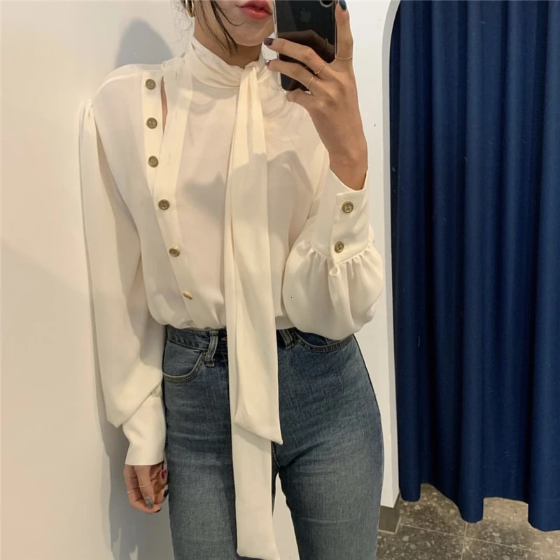 SHENGPALAE New Spring Spring Korea Style Full Lantern Sleeve Stand Collar With Button Chiffon Single Breasted Women Shirt FR397