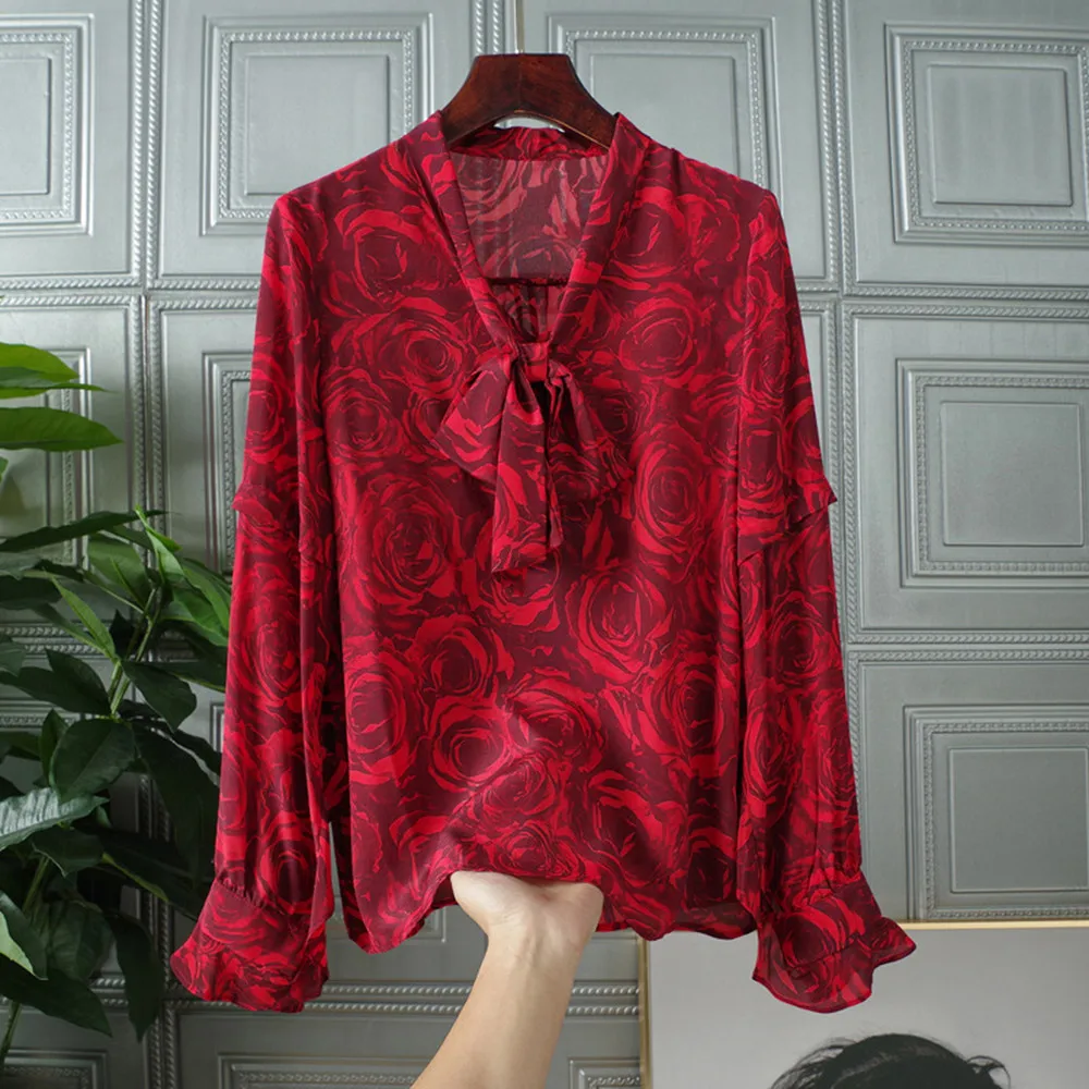 

Europe Style Women's High Quality Floral Print Silk Blouses Chic OL Elegant Bowtie Shirt F063
