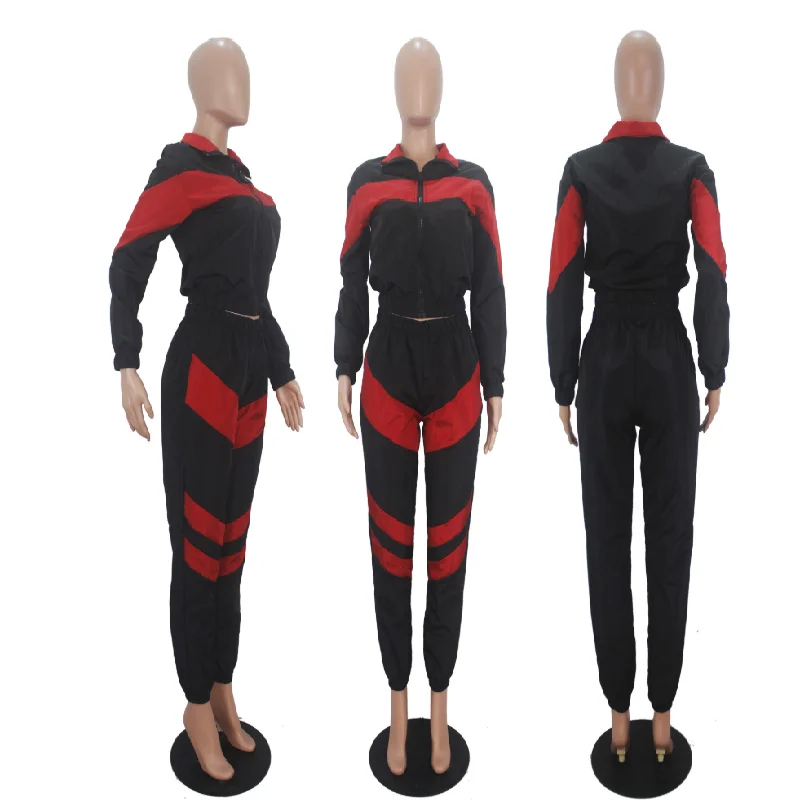 

22020 Hot Style European Functional Fashion Women's Solid color two-color spliced long-sleeve windbreaker set