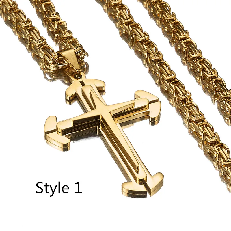 

Top Quality Gold Tone 316L Stainless Steel Jesus Cross Pendant Necklace Jewelry Gift Men's Byzantine Box Chain 18-30inch